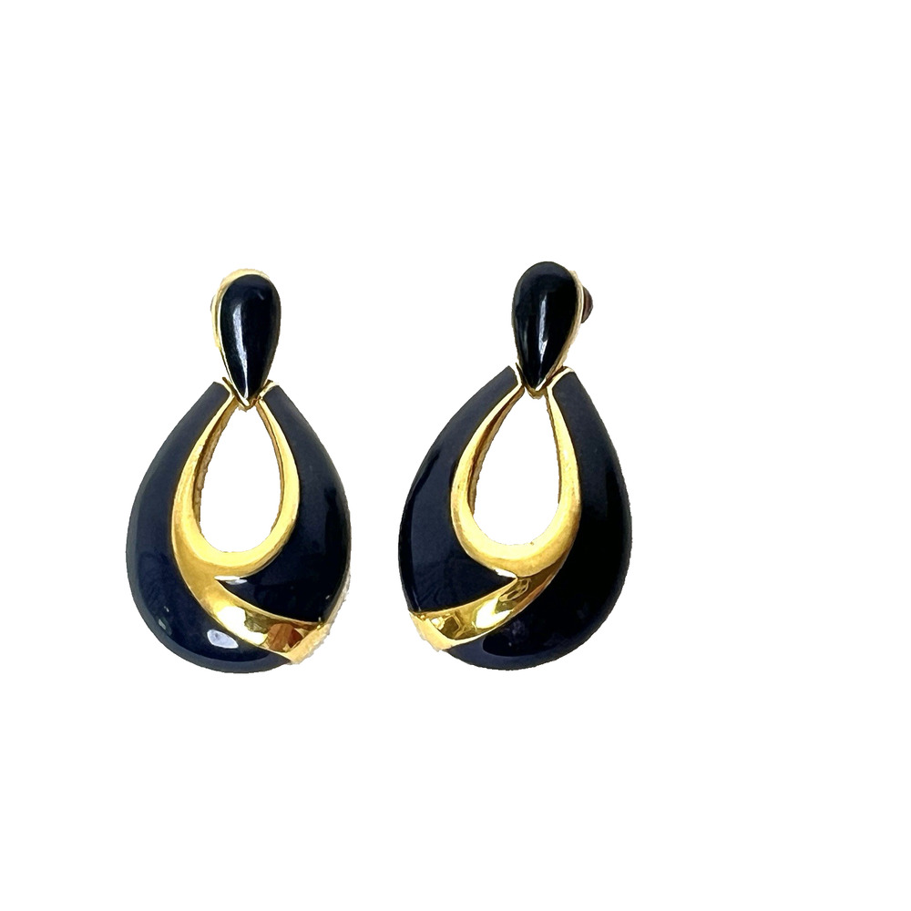 Napier Earrings Vintage Navy Blue Enamel Gold Pierced Dangle Retro Glam Classic